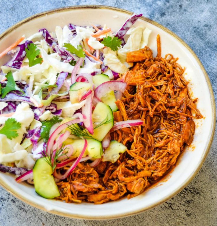 Shredded BBQ Chicken & Coleslaw + Quick Pickles Cucumbers