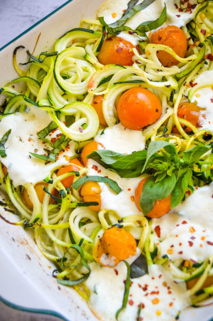 Roasted Tomato and Zucchini Noodles with Burrata 