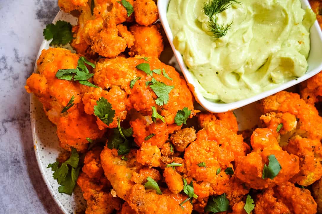 Buffalo Cauliflower Bites and Avocado Dip