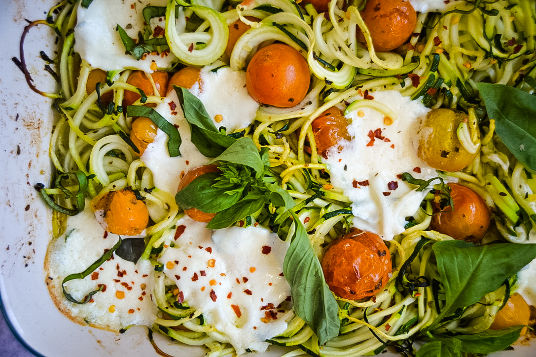 Roasted Tomato and Zucchini Noodles with Burrata