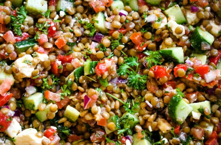 A vibrant and colorful lentil salad featuring chopped cucumbers, tomatoes, red onions, parsley, lentils, and crumbled feta cheese. The mixture is lightly dressed, showcasing fresh and healthy ingredients.