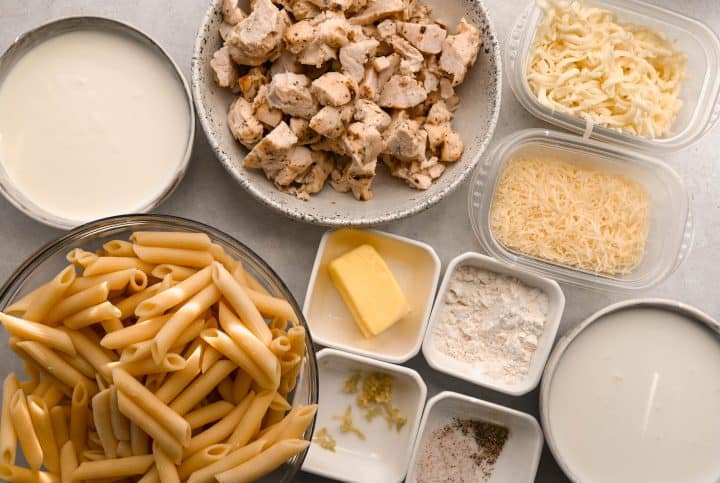 overhead ingredients for Creamy Fettuccine Alfredo Bake