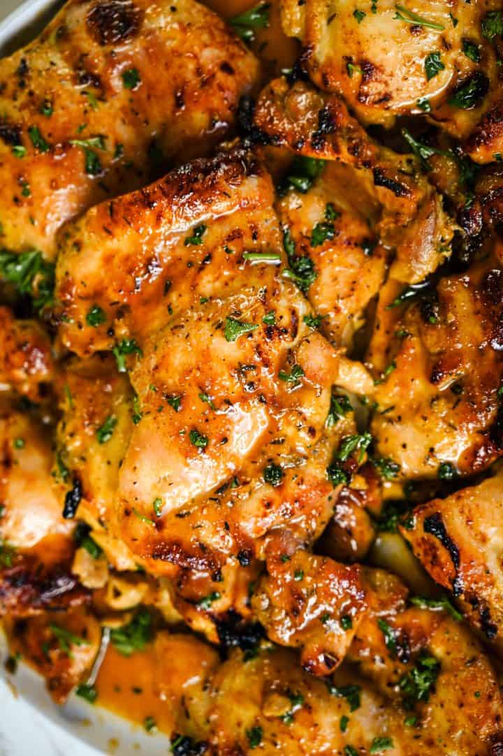 close up of baked honey mustard chicken