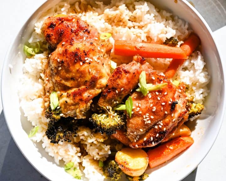 honey garlic chicken and veggies with rice bowl