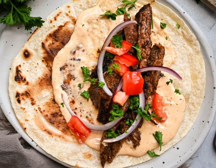 Garlic Steak Tortilla Wraps with Creamy Roasted Garlic Sauce